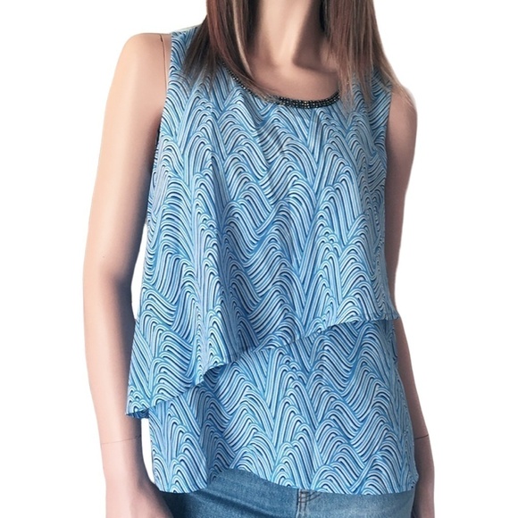 JUICY Couture Blue Waves Tiered Blouse Top Studded Rhinestone Neckline - Picture 11 of 14